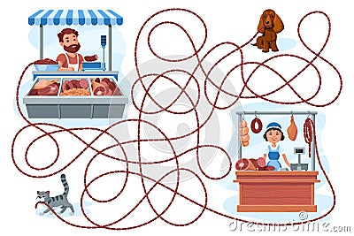 A dog and a cat stole sausages from a butcher shop. Guess which of them stole the sausages from which of the sellers? Vector Illustration